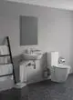 Papierrollenhalter in Chrom von Ideal Standard, montiert an der Wand neben einer Toilette in einem modernen Badezimmer mit grauen Wänden und dunklem Boden.